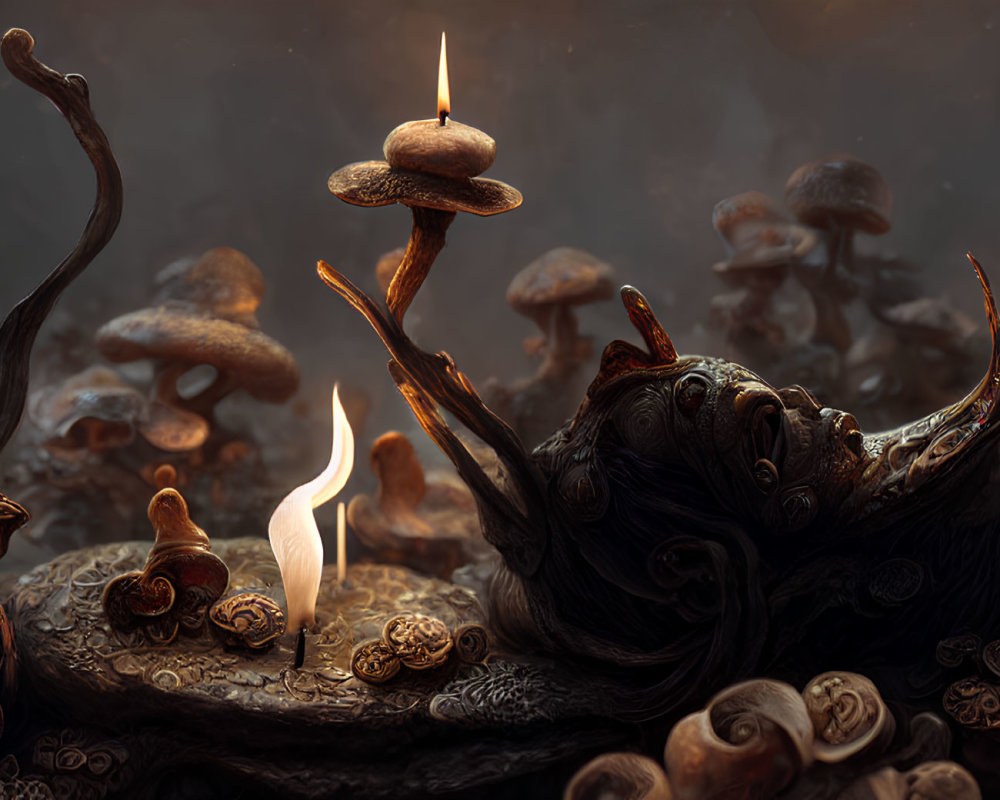 Mystical dark scene with candles, snails, and antlered creature