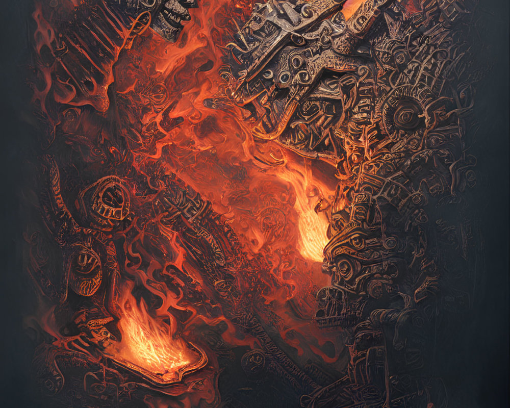 Fiery and Mechanical Artwork with Gears and Fire