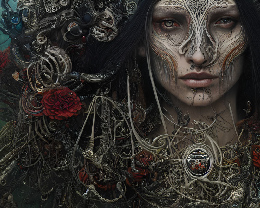 Digital artwork featuring person with intricate tattoos and mechanical adornments intertwined with red roses on dark backdrop