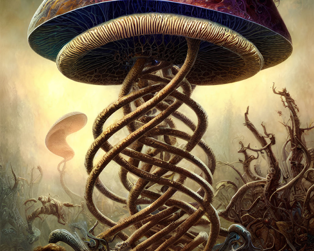 Fantastical image of giant mushroom with spiral staircase in misty setting