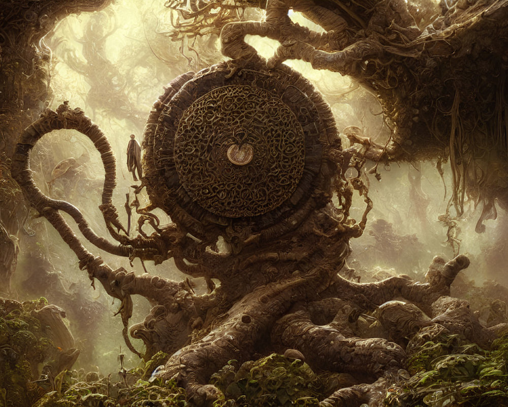 Intricate ancient artifact in mystical forest scene