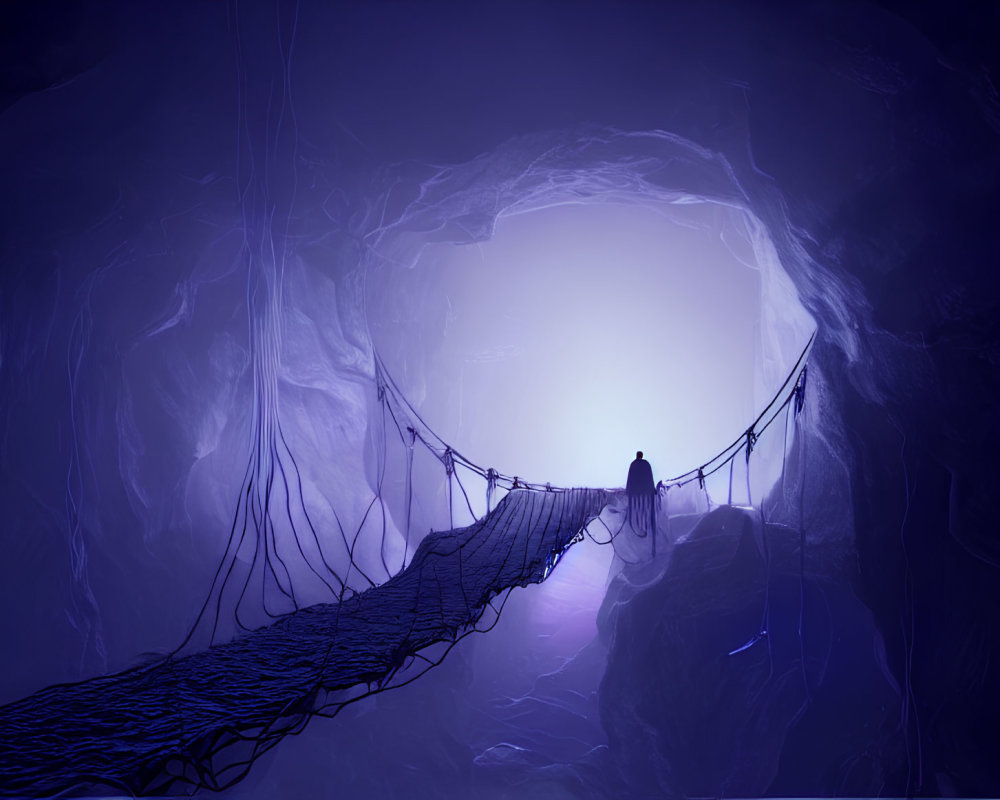 Figure on Suspension Bridge in Luminescent Purple Cave Facing Glowing Entrance