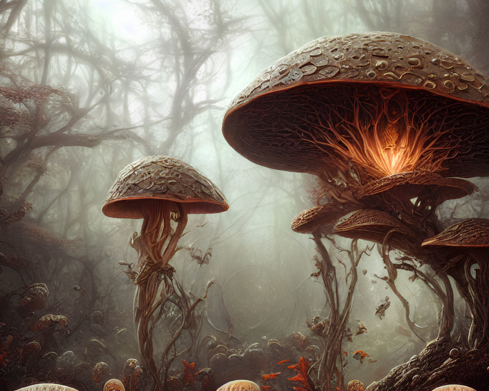 Enchanted forest with oversized glowing mushrooms in foggy setting