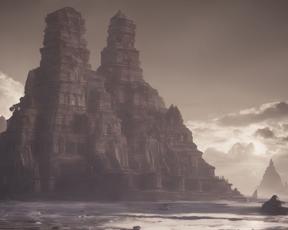 Ethereal misty landscape with ancient temple and dramatic sky