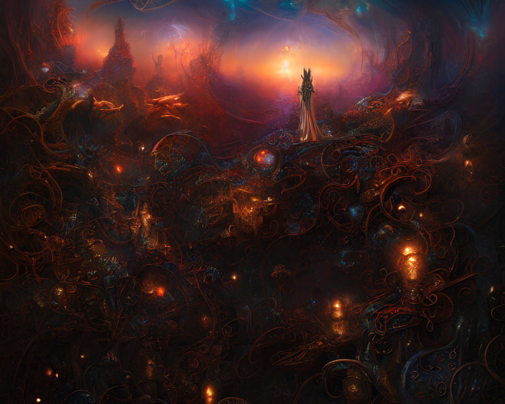 Mystical figure in vibrant, ethereal landscape with swirling orbs and fiery sky