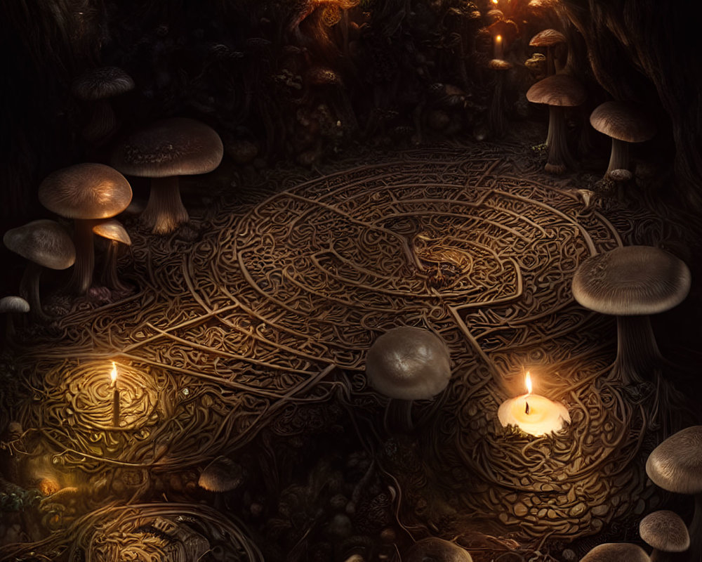 Mystical forest floor with circular pattern and oversized mushrooms lit by candles