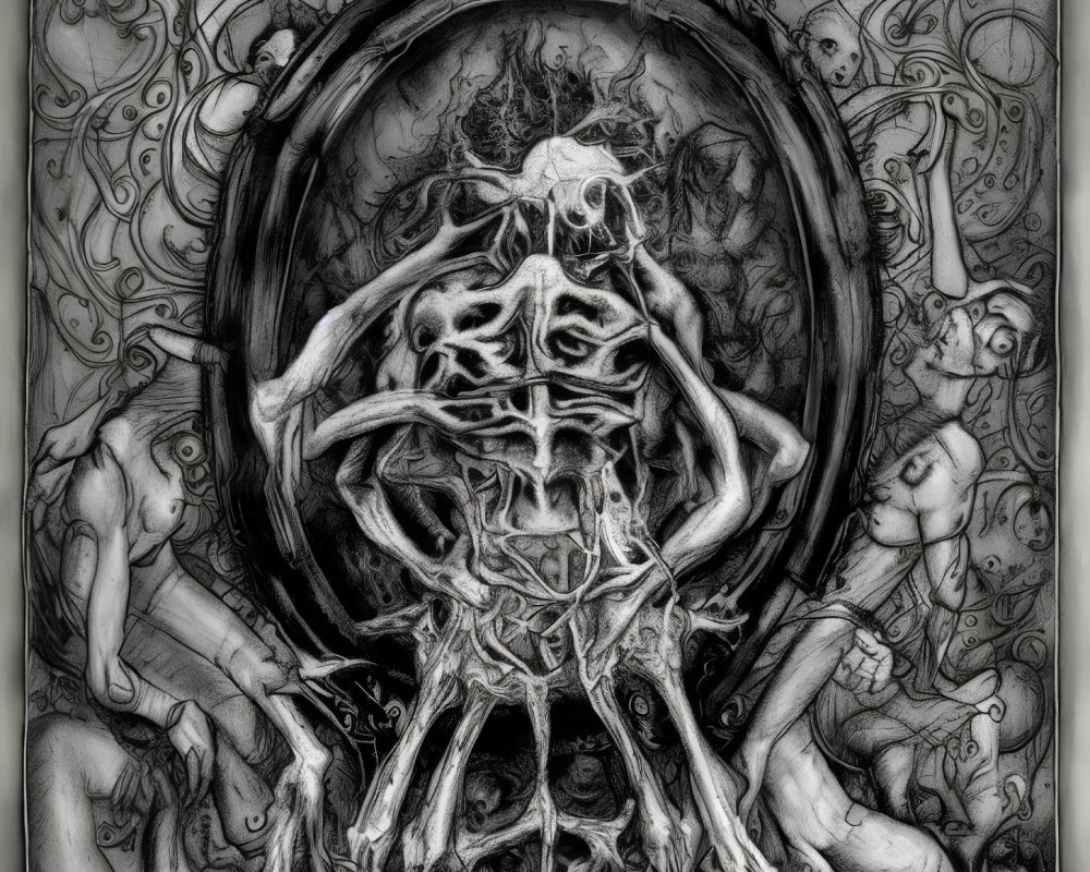 Detailed monochromatic drawing of skeletal figures in circular frame with surreal human shapes.