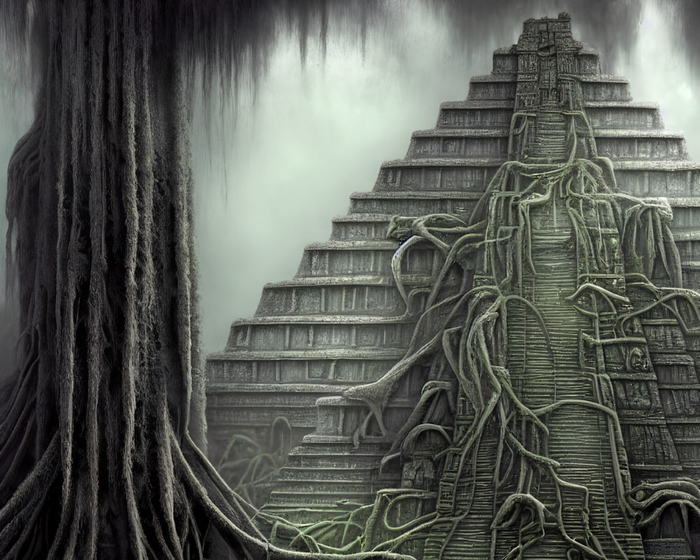 Overgrown pyramid with tree roots in misty setting