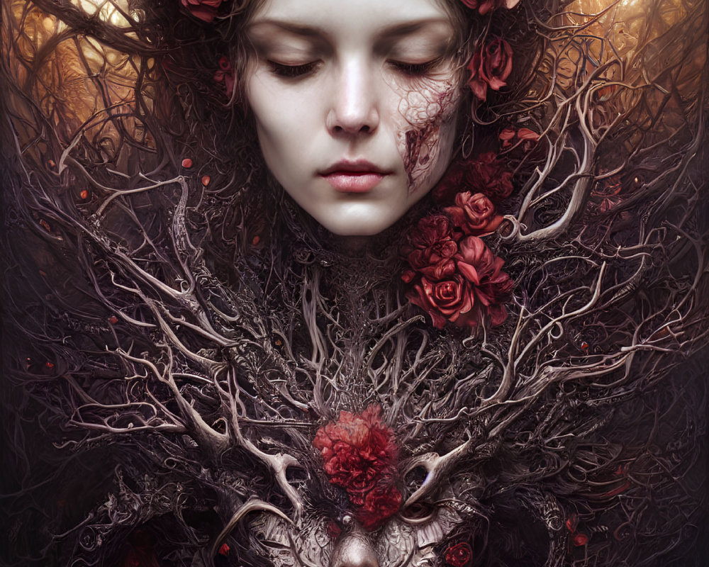 Woman with pale skin, closed eyes, dark branches, red roses, and floral mask reflection.