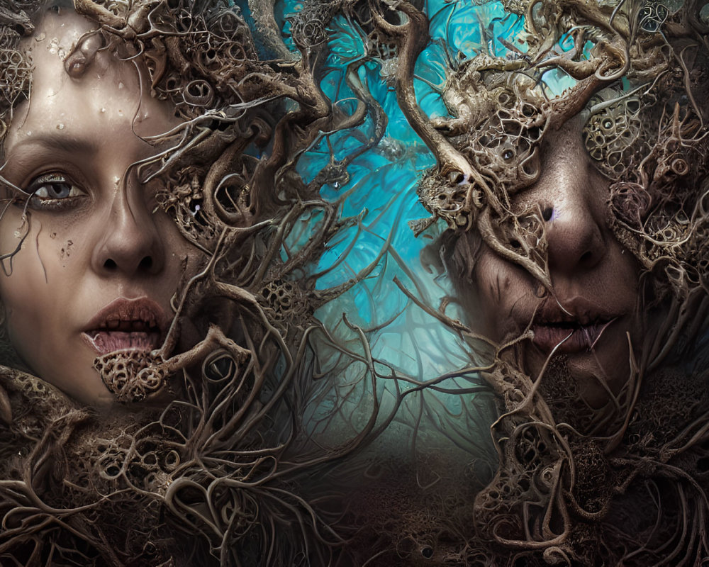 Dual faces intertwined with tree-like structures and gears on a mystical blue backdrop