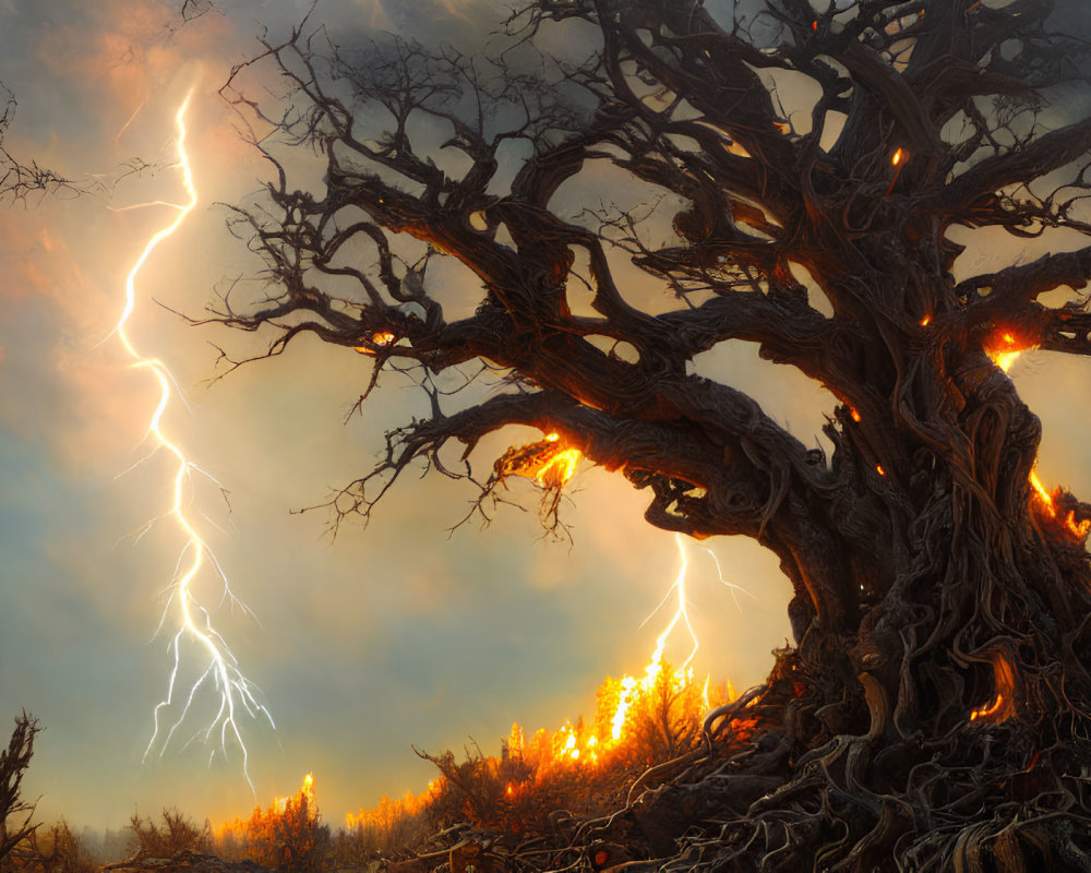 Gnarled tree engulfed in flames with lightning in fiery landscape