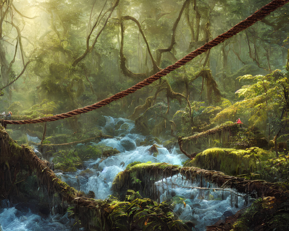 Forest scene with rope bridge over river, sunlight filtering through canopy, moss-covered trees, and person.