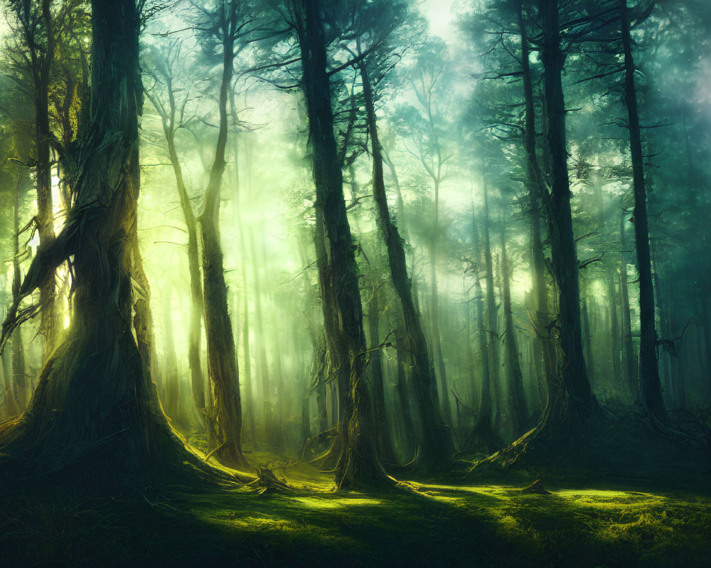 Misty forest with sunbeams and moss-covered trees