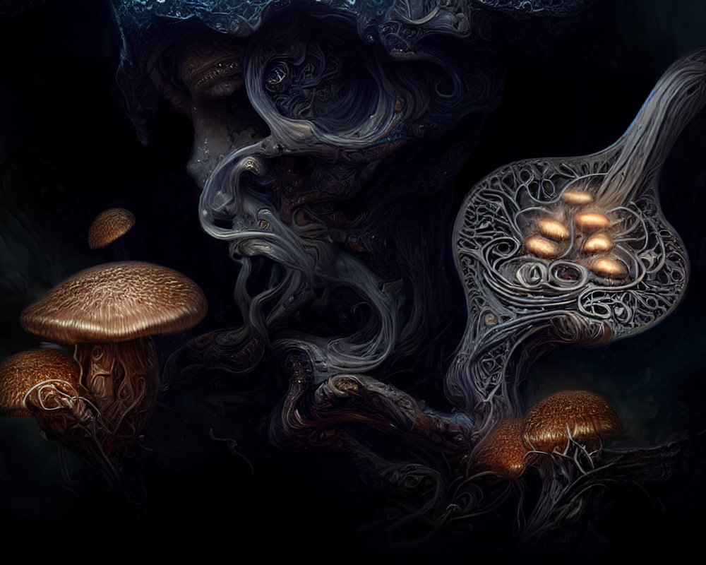 Luminescent Mushroom Artwork with Smoke-like Swirls