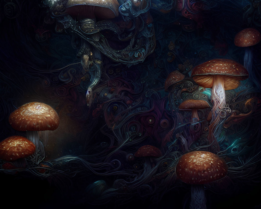 Dark forest with oversized mushrooms and intricate patterns: fantasy ambiance