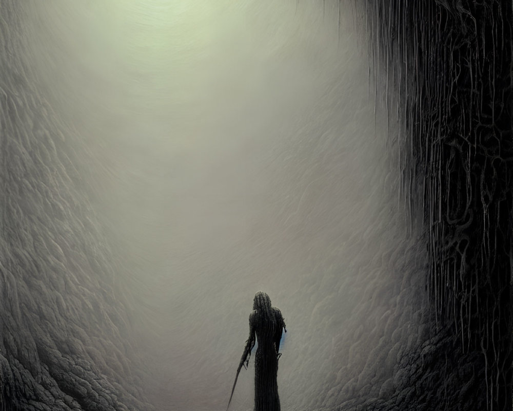 Robed Figure with Staff in Misty Cavern Setting