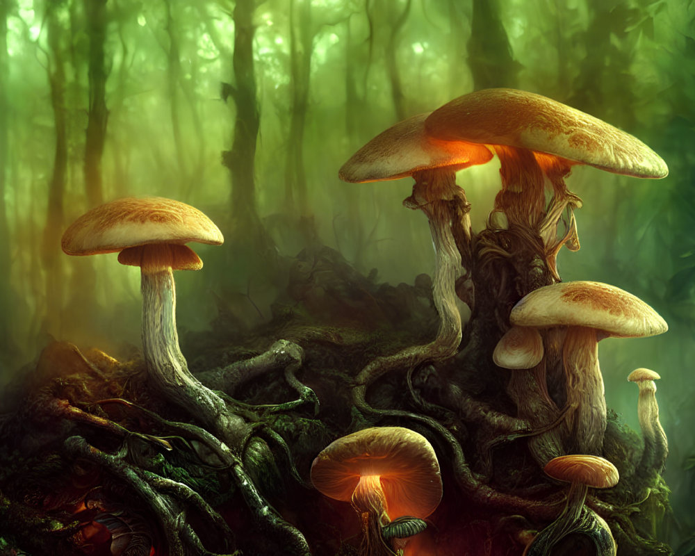 Mystical forest scene with luminous mushrooms and twisted roots