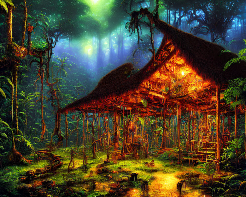 Enchanting illustration of a thatched hut in mystical forest