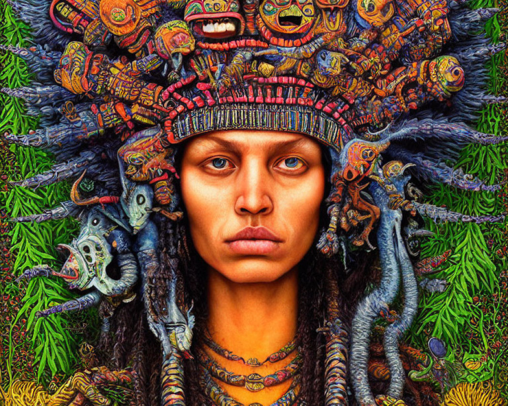 Intense gaze person with intricate, colorful headdress in lush green foliage