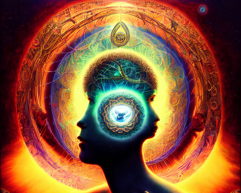 Colorful digital artwork of head silhouette with cosmic motifs and radiant eye