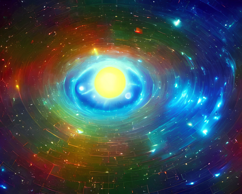 Colorful cosmic illustration with central star and swirling galaxy-like colors.