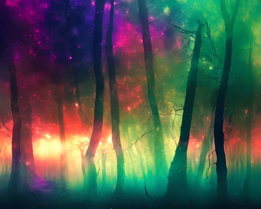 Colorful mystical forest with silhouetted trees on vibrant background.