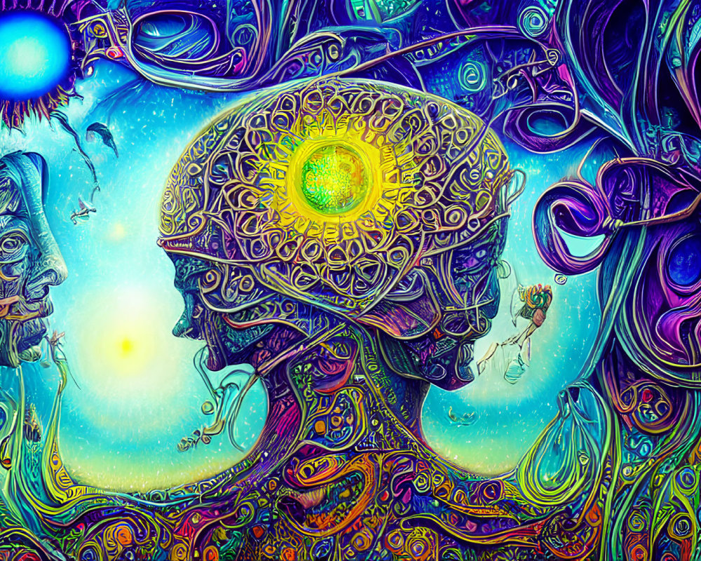 Colorful psychedelic art: detailed human profile with brain design, celestial bodies, abstract patterns