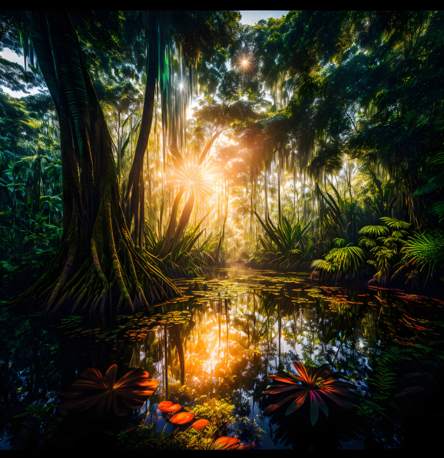 Golden sunlight filters through dense tropical forest onto tranquil pond and lush foliage