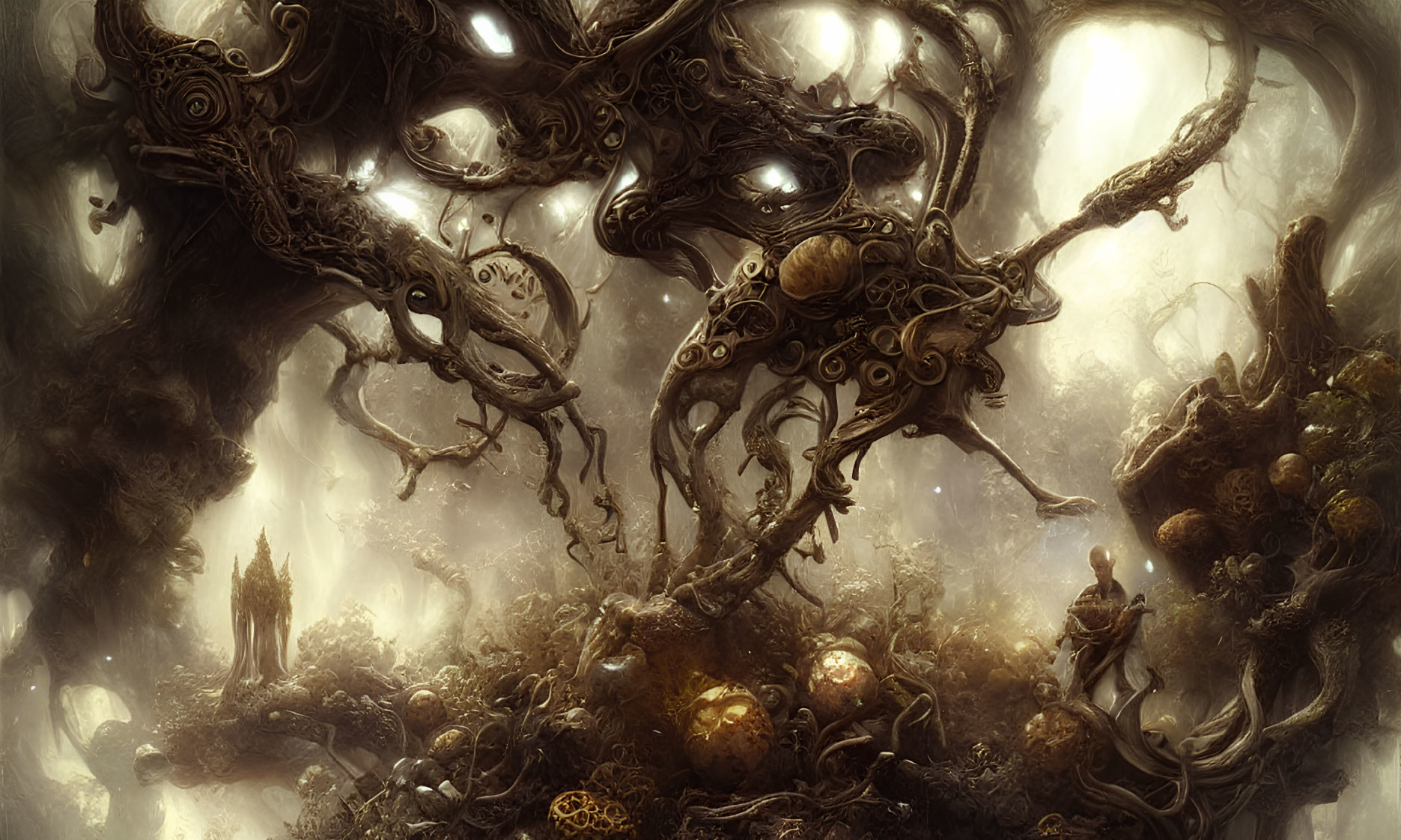 Dark Fantasy Forest with Twisted Trees and Glowing Orbs