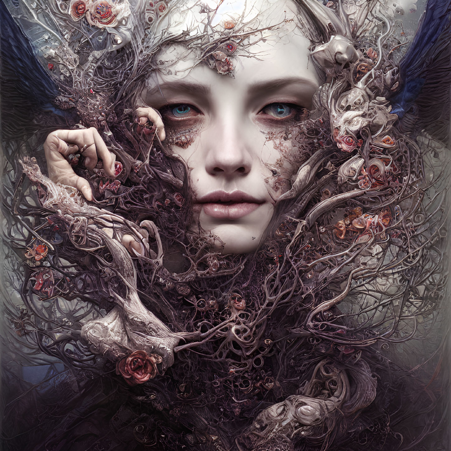 Intricate surreal portrait of a woman with pale skin and blue eyes