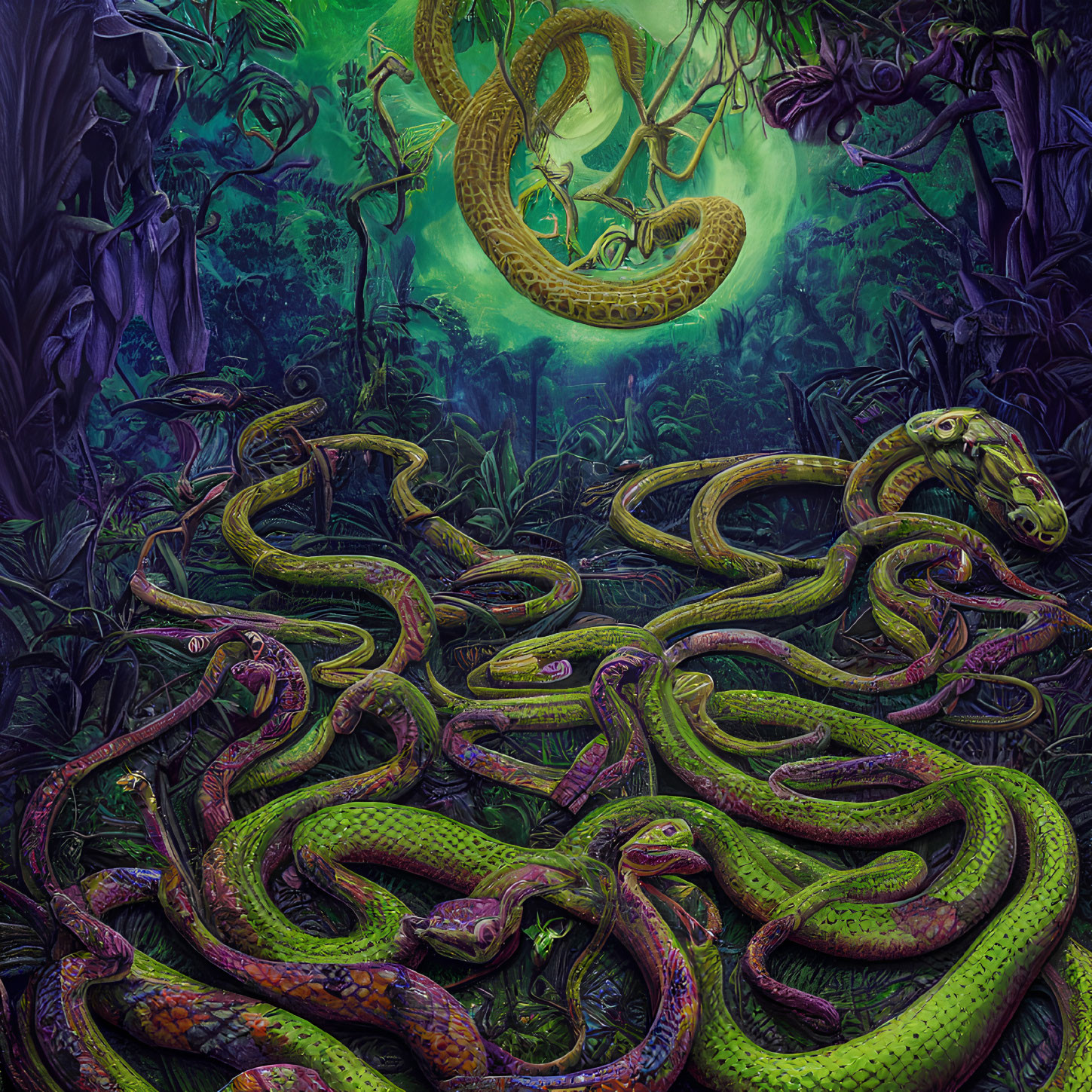 Detailed Jungle Scene with Intricate Snakes Among Green Foliage