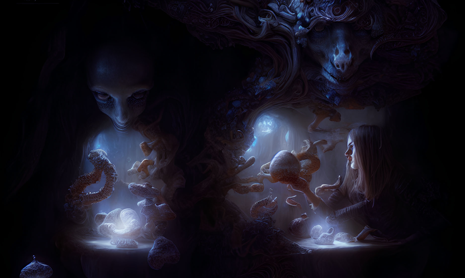 Surreal artwork: Alien and human figures in dark setting observing glowing marine life