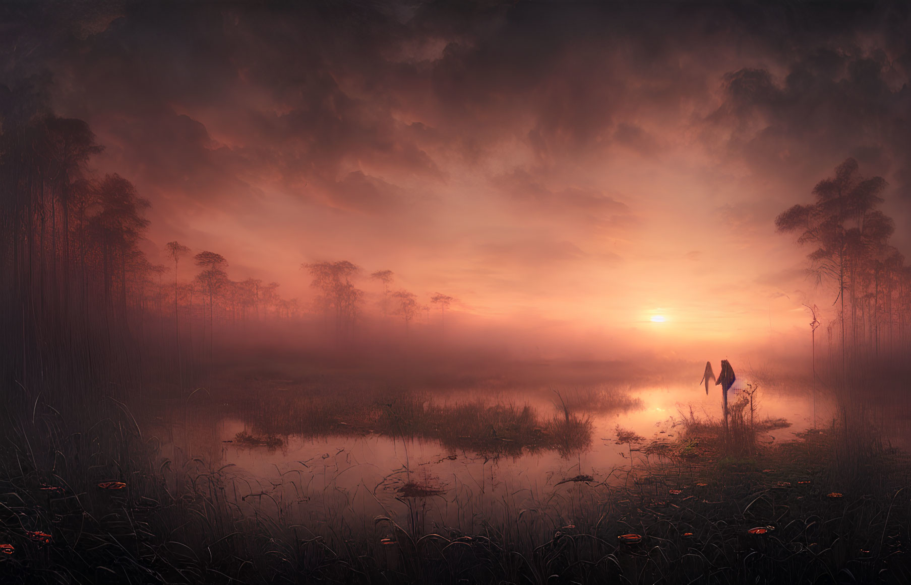 Misty Forested Wetland Sunrise with Canoe Silhouette