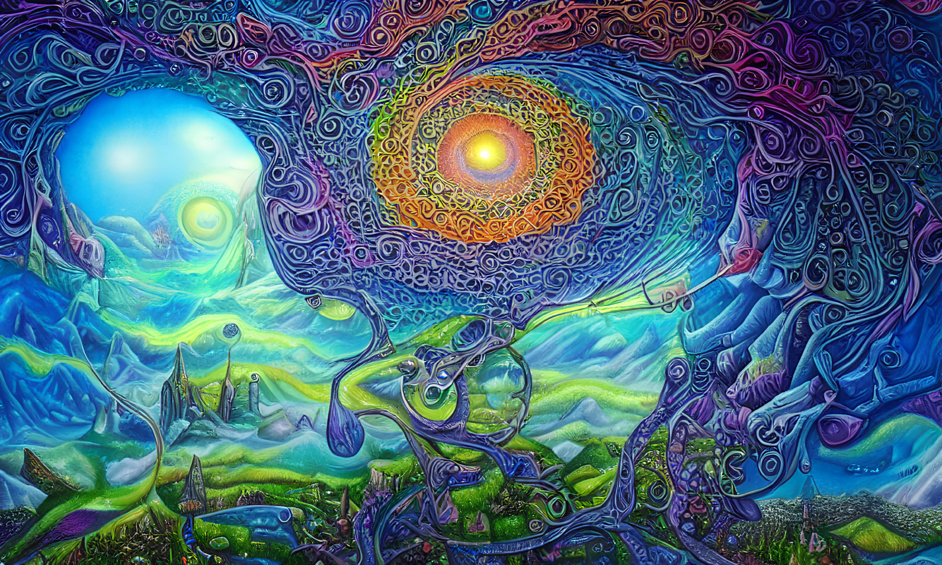 Colorful psychedelic landscape with sun-like eye and swirling patterns