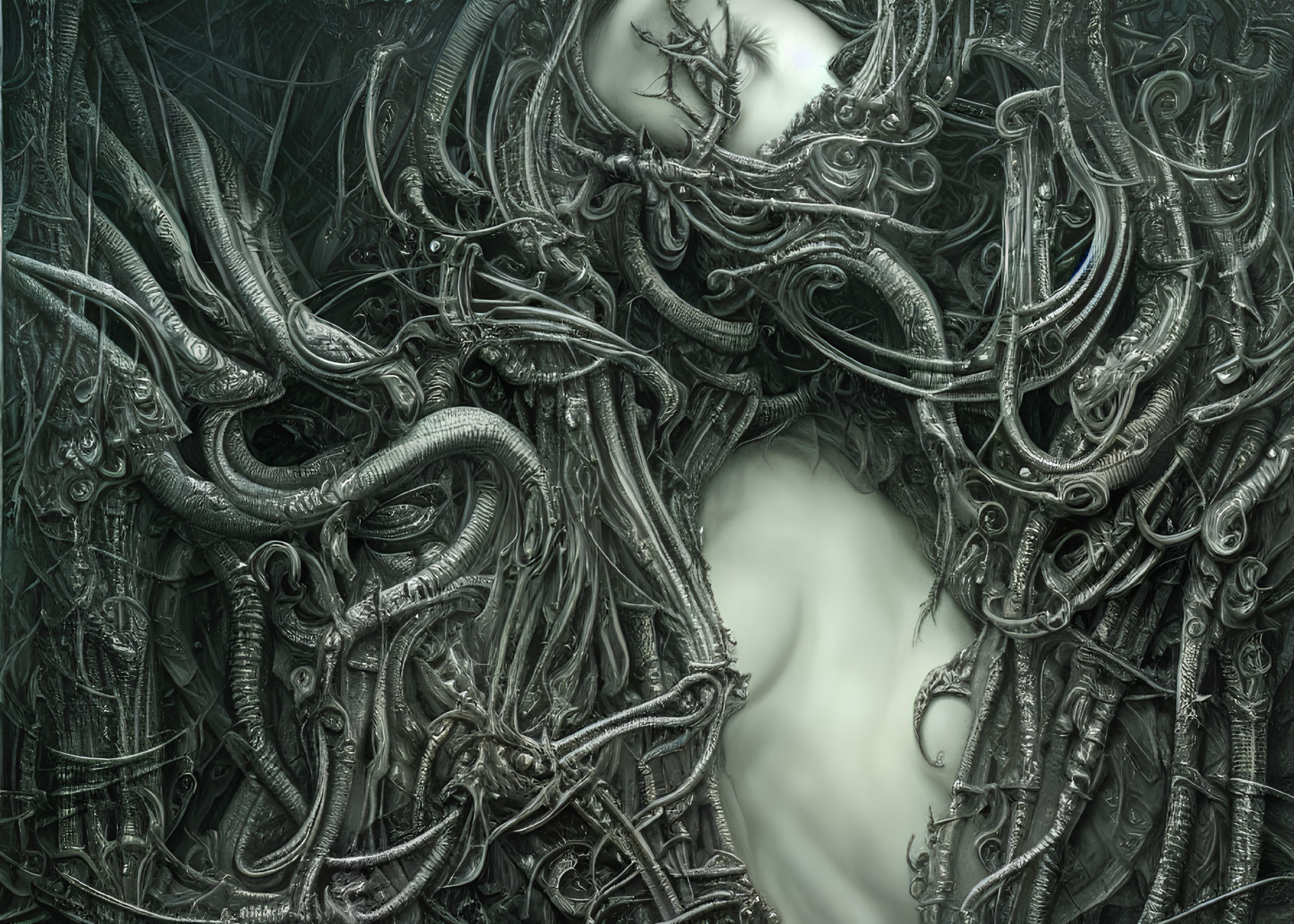 Monochrome artwork featuring intricate tendrils and mechanical parts around a ghostly figure