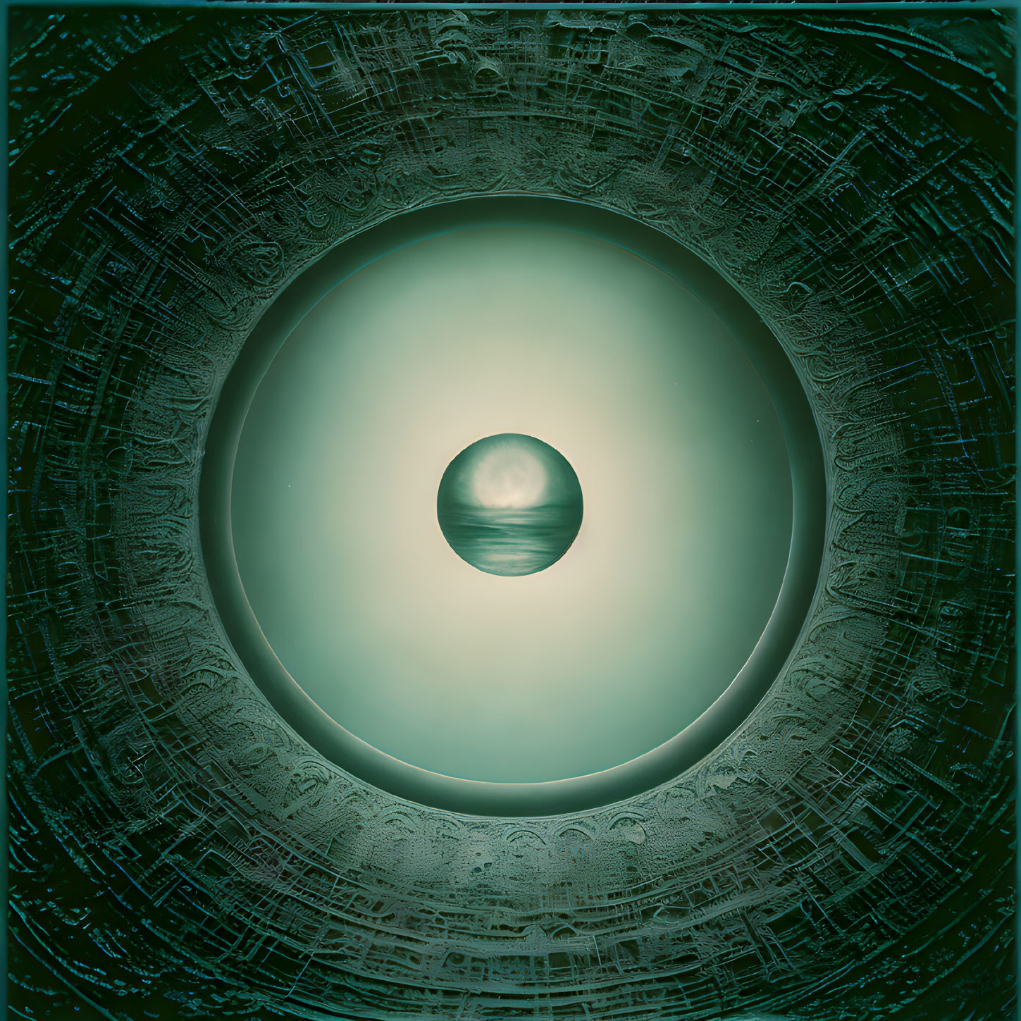 Sphere with Horizontal Stripes in Teal Circle on Dark Background