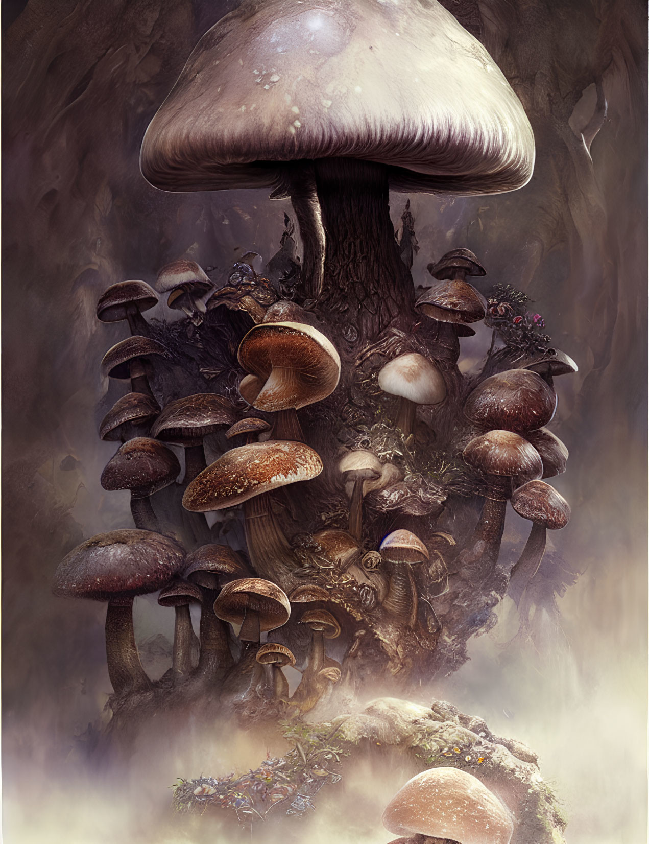 Diverse Mushroom Array in Misty Forest