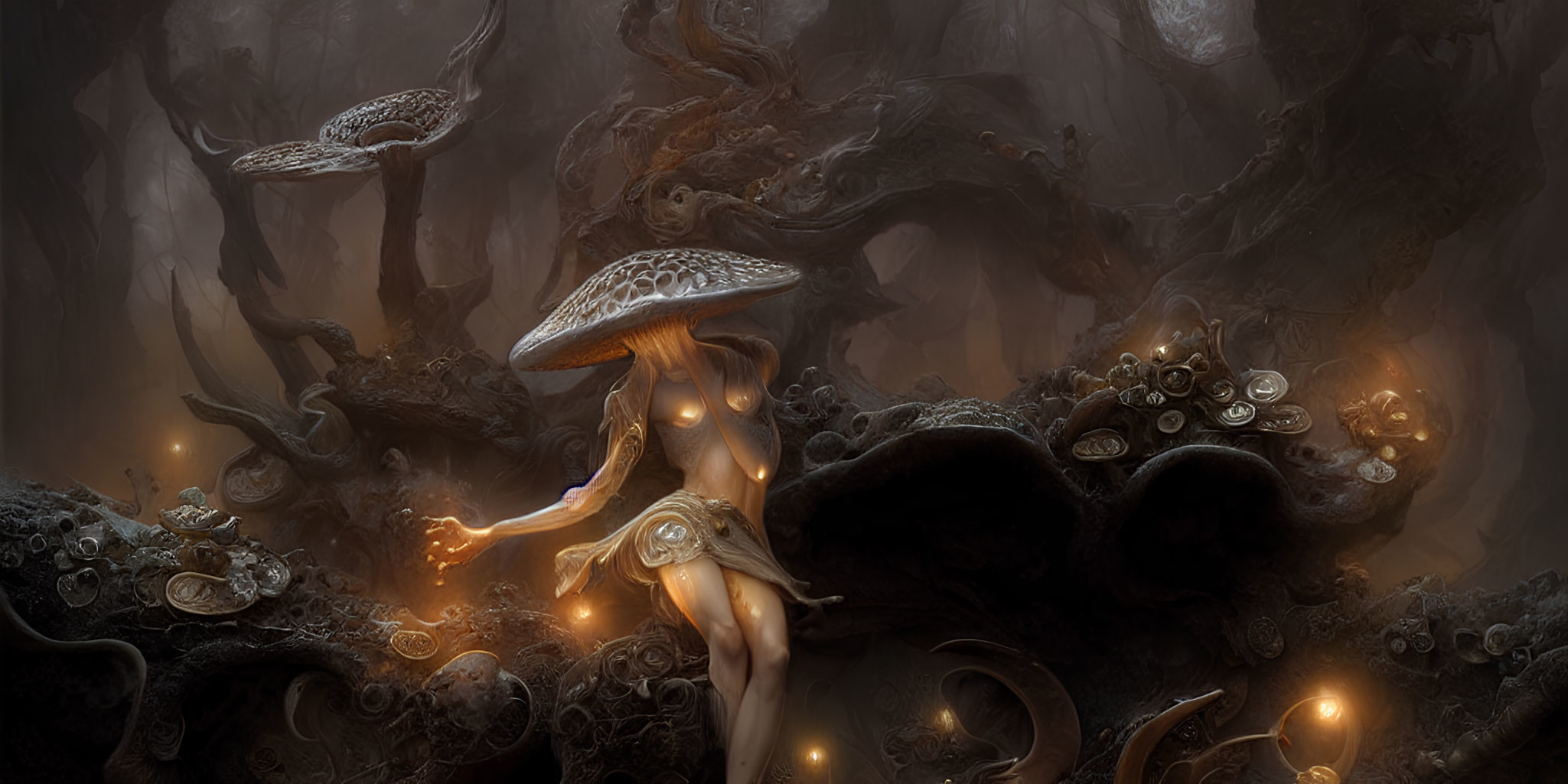 Fantastical forest scene with oversized mushrooms and glowing orbs