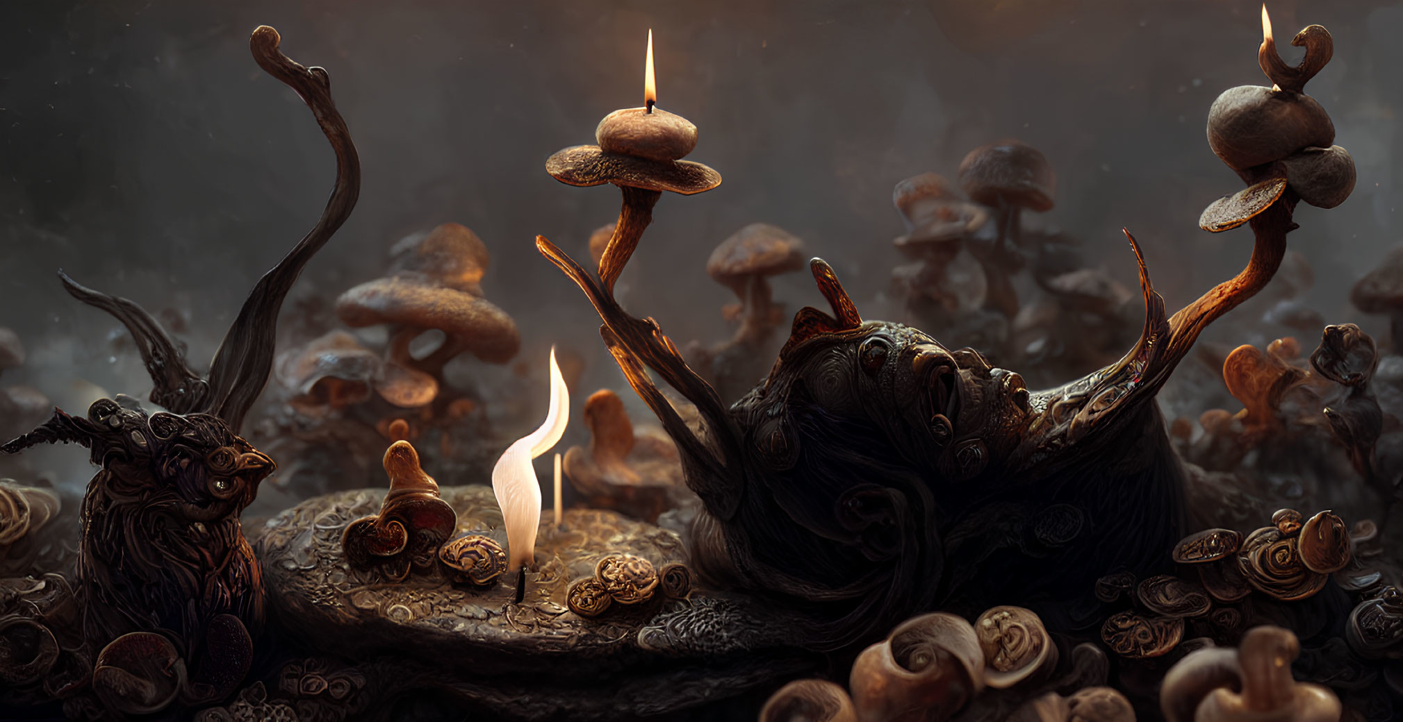 Mystical dark scene with candles, snails, and antlered creature