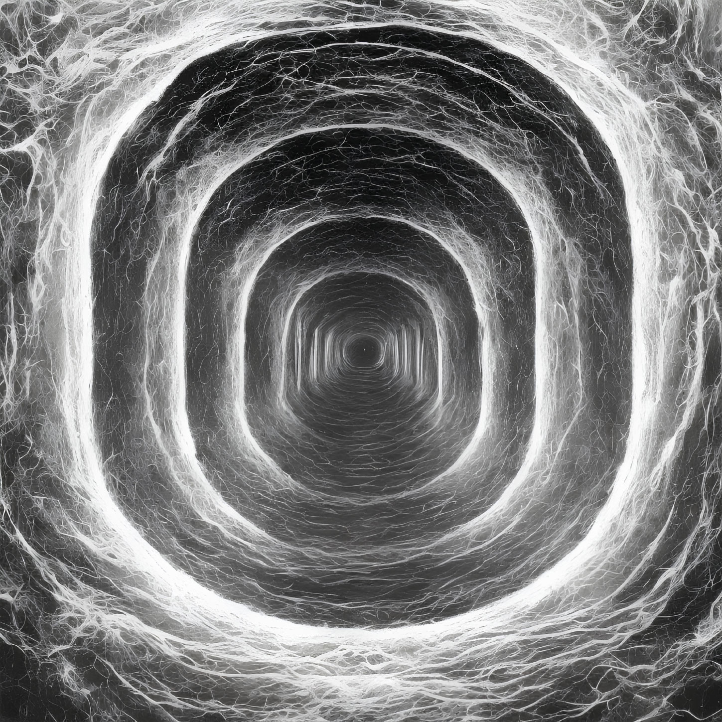 Monochrome abstract art: swirling tunnel pattern with concentric lines