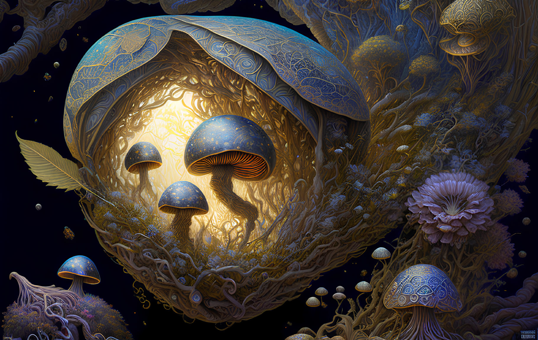 Luminescent Mushrooms and Cosmic Vegetation in Digital Art