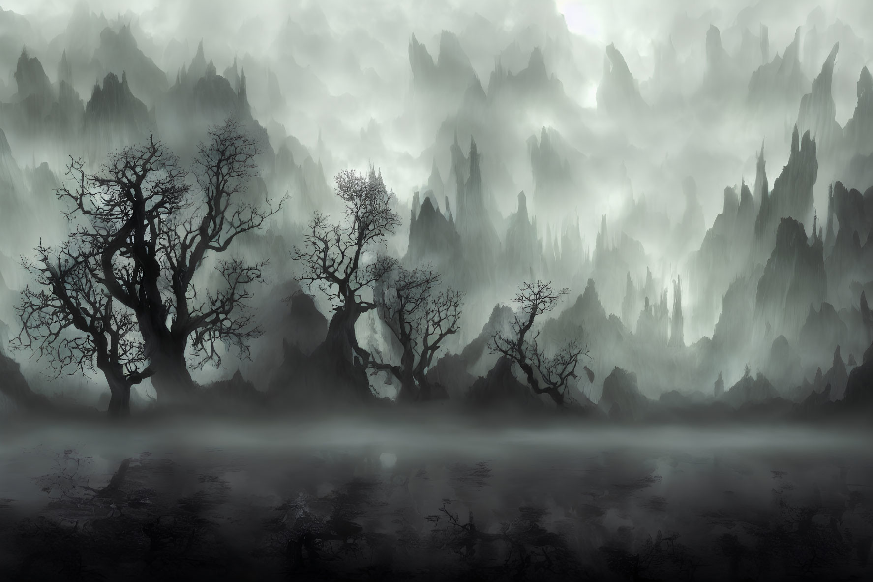 Misty landscape with barren trees and jagged mountains under gloomy sky