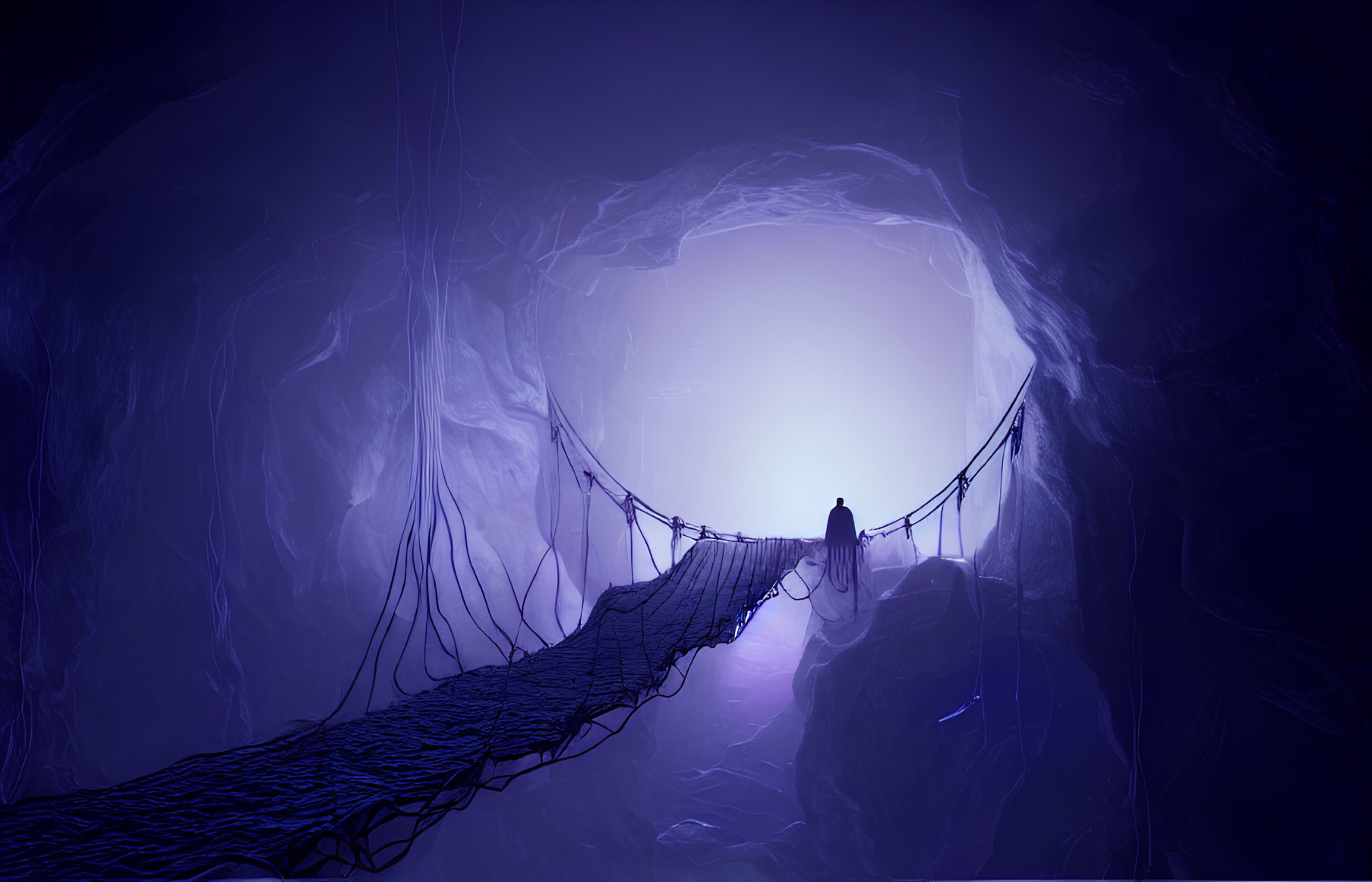 Figure on Suspension Bridge in Luminescent Purple Cave Facing Glowing Entrance