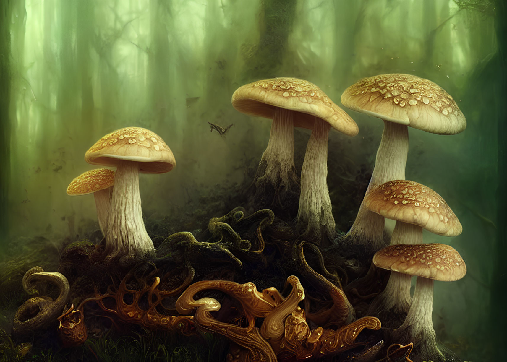 Enchanting forest scene with oversized mushrooms in foggy ambiance