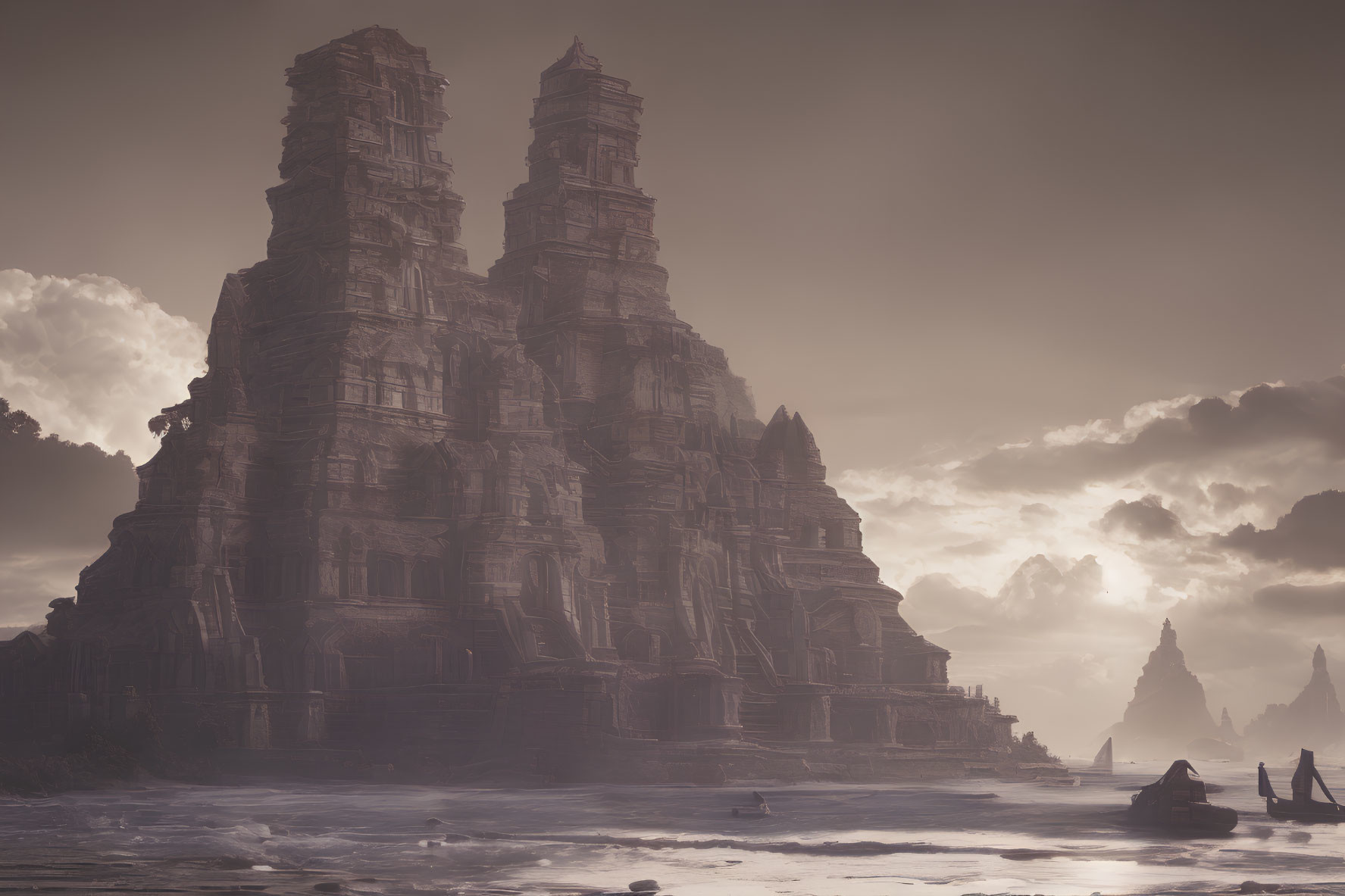 Ethereal misty landscape with ancient temple and dramatic sky