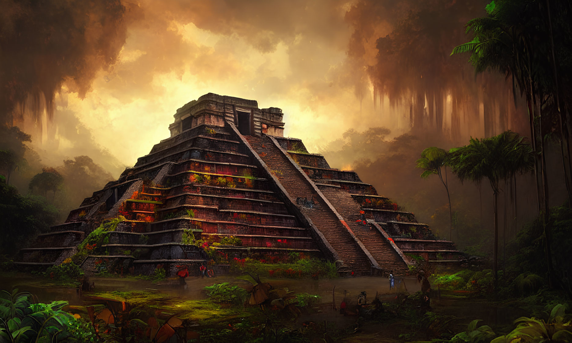 Ancient Mesoamerican Pyramid in Lush Jungle with Dramatic Sky