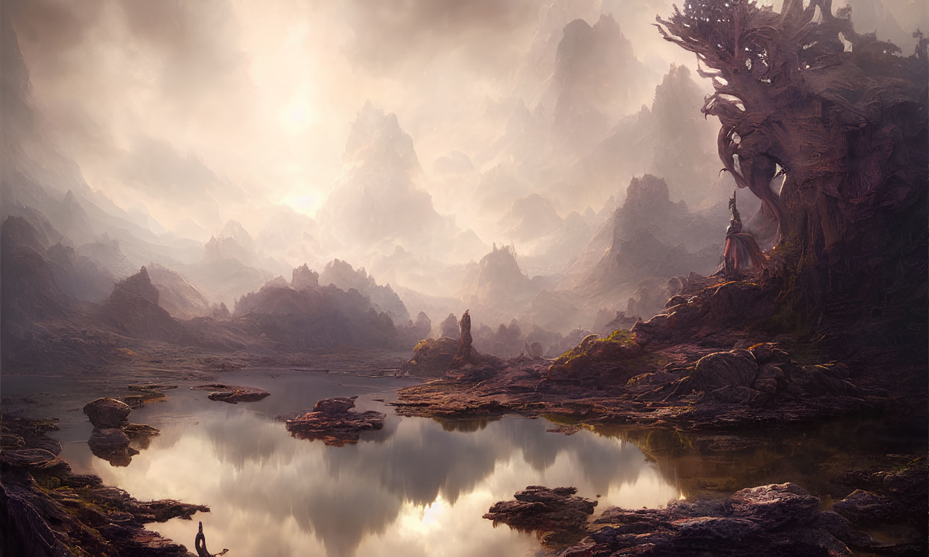 Ethereal landscape with rocky terrain, reflective waters, and mystical tree-like structure