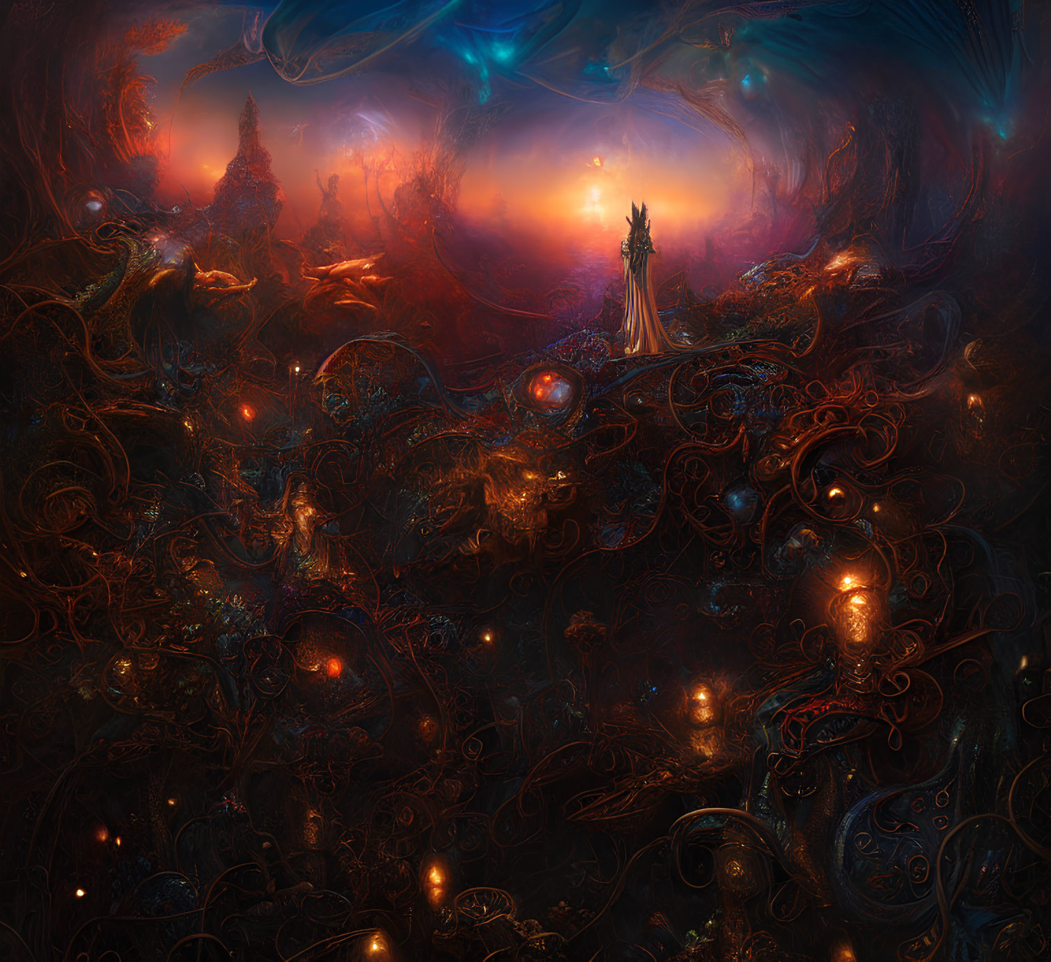 Mystical figure in vibrant, ethereal landscape with swirling orbs and fiery sky