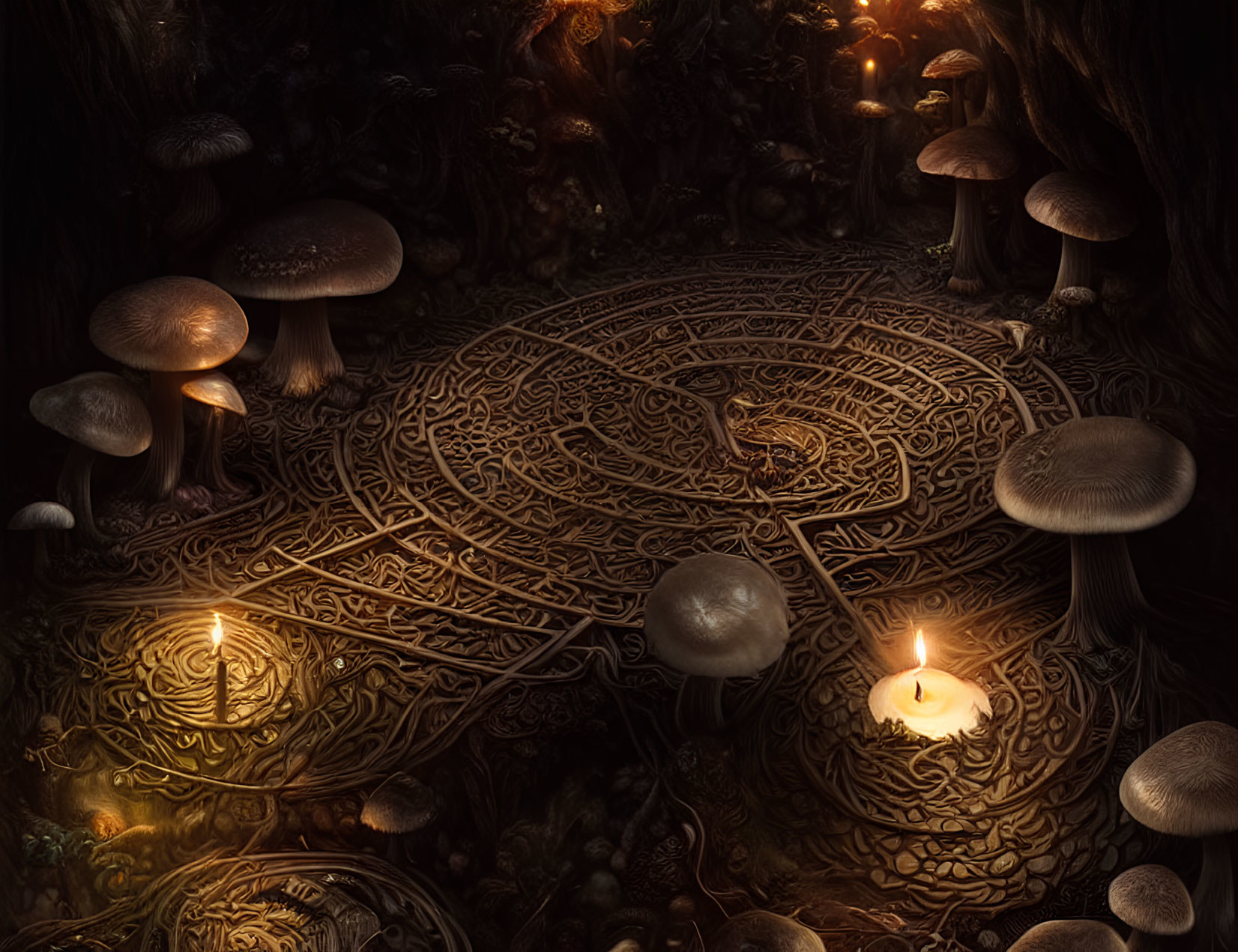 Mystical forest floor with circular pattern and oversized mushrooms lit by candles