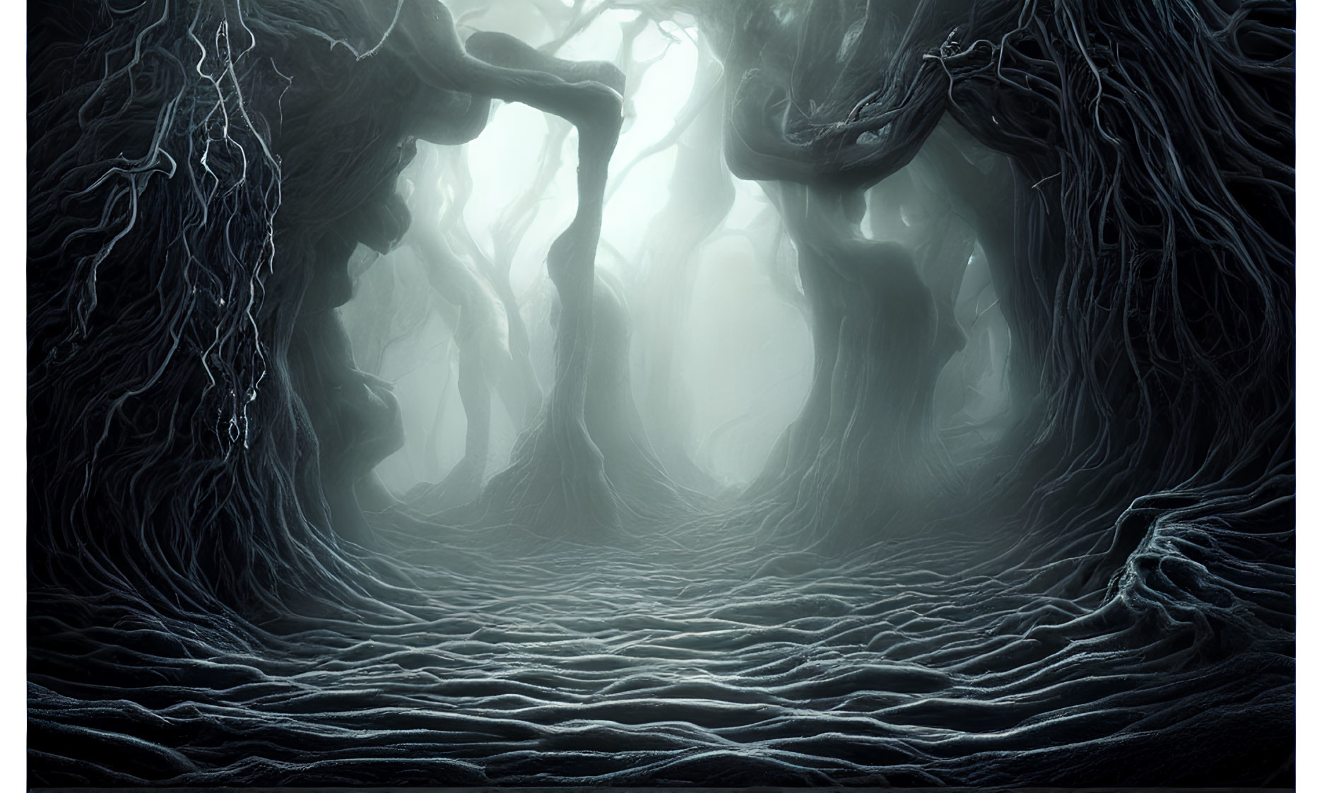 Enchanting forest with twisted trees and ethereal light